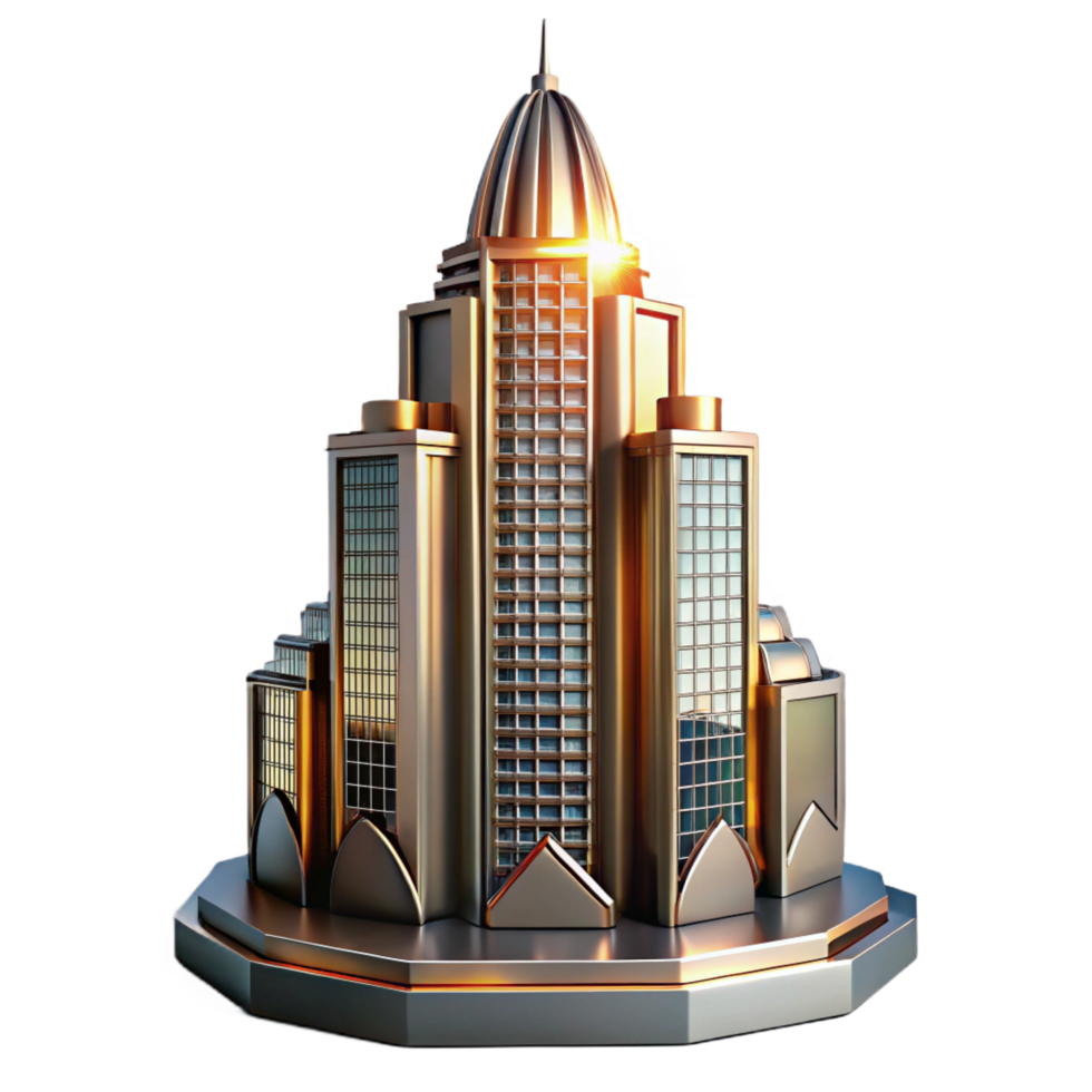 mesmerizing harmonious avant garde Art Deco skyscraper, chrome and glass, sharp lines, sunset lighting, volumetric lighting, ray tracing, highly detailed, intricate, Art Deco style high resolution png
