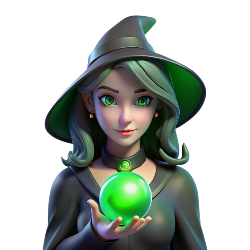 calm glorious Portrait of a young witch with glowing green eyes, flowing black hair, and holding a crystal ball. Dark, mystical lighting. Digital painting style luxury png