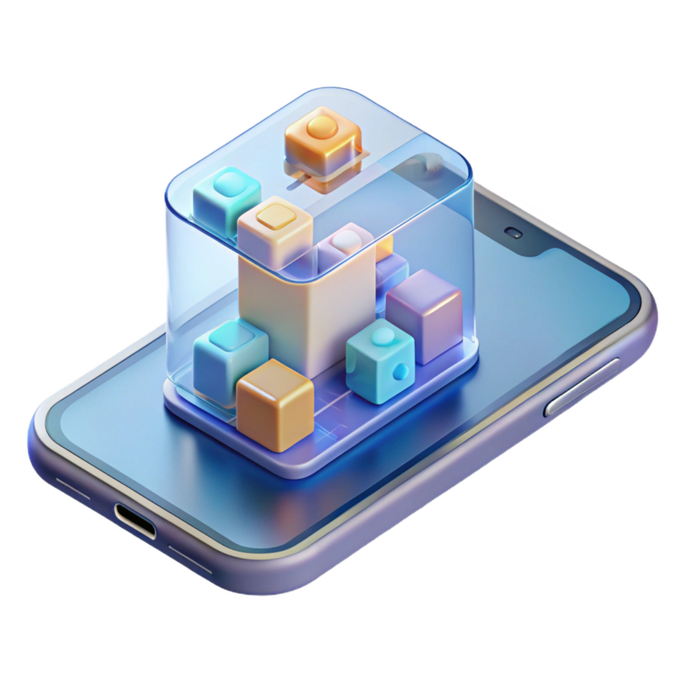 serene dramatic surreal A transparent smartphone displaying a complex 3D model, soft, ambient lighting, minimalist style professional png
