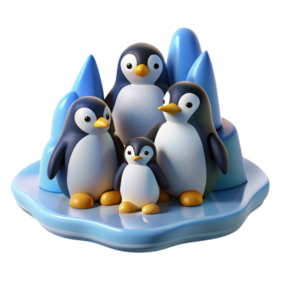 magnificent signature A group of penguins huddled together on an icy landscape, cartoon style, cool, bright lighting, simple shapes png