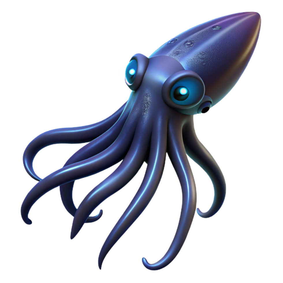 serene futuristic A giant squid swimming in the deep ocean, dark and mysterious atmosphere, bioluminescent details crisp png