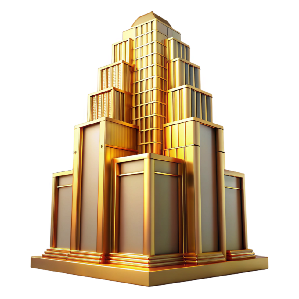 impressive geometric Art Deco skyscraper, intricate geometric facade, golden hour lighting, volumetric lighting, ray tracing, highly detailed, octane render, exclusive png