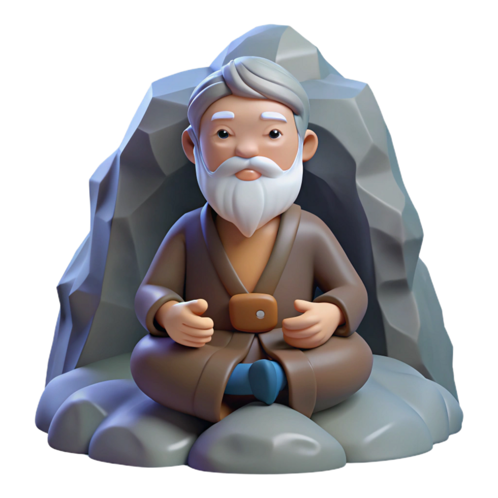 spectacular energetic industrial A wise old hermit meditating in a mountain cave, soft light, spiritual style original png