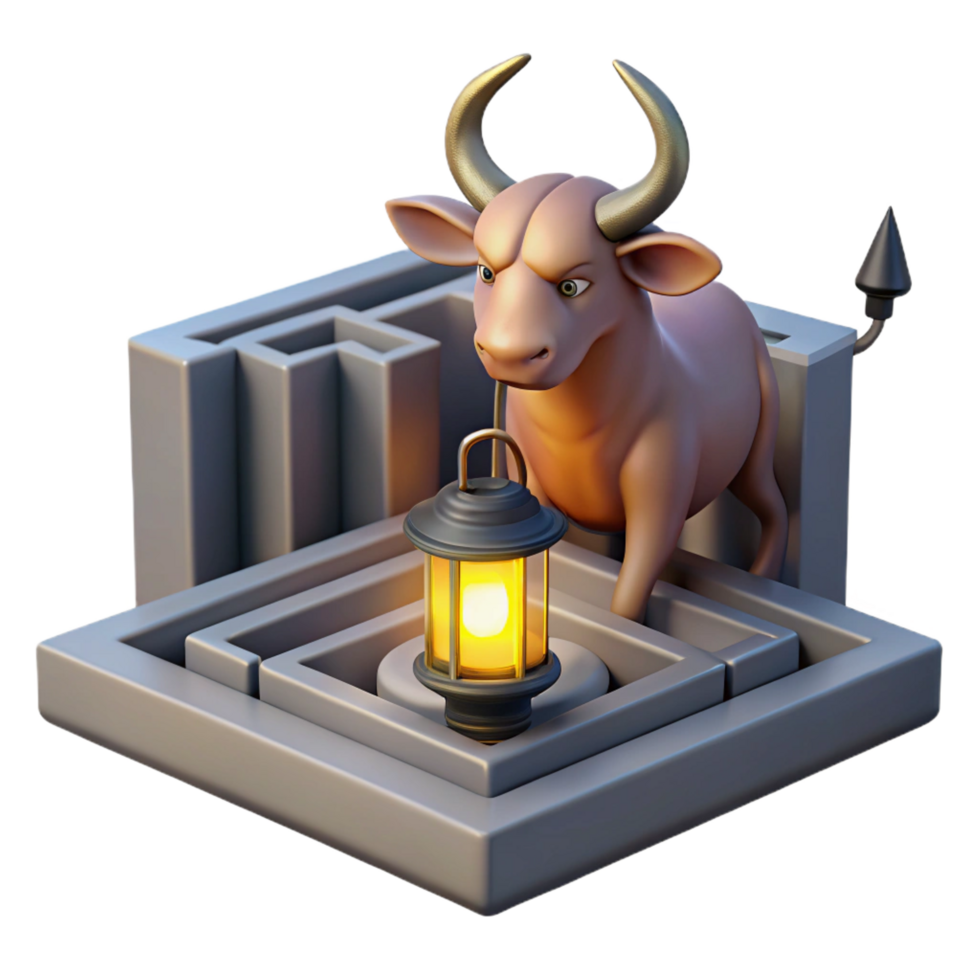 spectacular traditional Minotaur trapped within the labyrinth, dimly lit by a single lantern, surrealist style gallery standard png