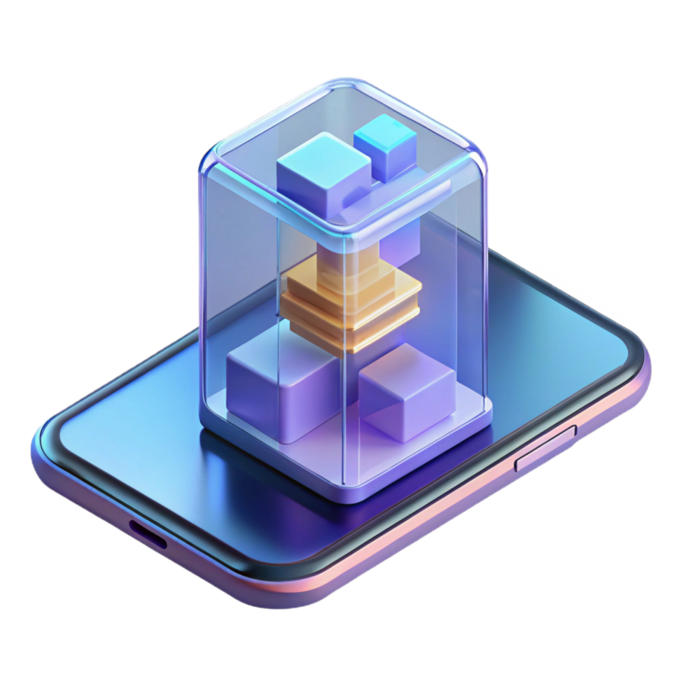 glorious minimalist A transparent smartphone displaying a complex 3D model, soft, ambient lighting, minimalist style genuine png