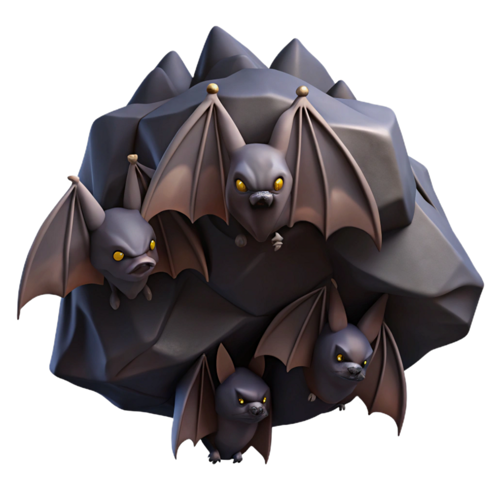 mesmerizing tranquil bohemian A colony of bats hanging upside down in a cave, dark background with dramatic lighting, in a spooky style ultra HD png