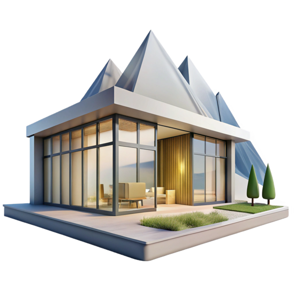 joyful extraordinary Modern minimalist house with floor to ceiling windows, overlooking a mountain range, bright natural light, genuine png