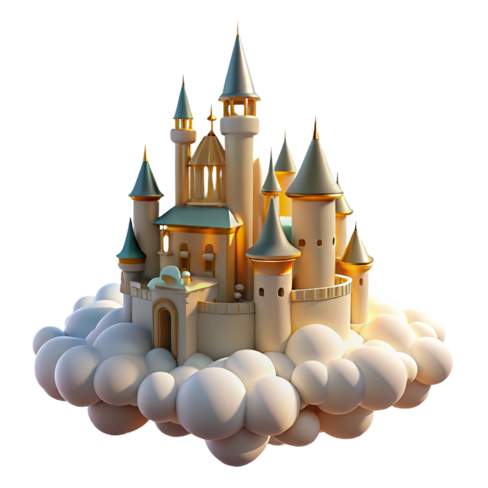 immaculate unforgettable A majestic castle floating in the clouds, soft, golden sunlight, dreamlike style png