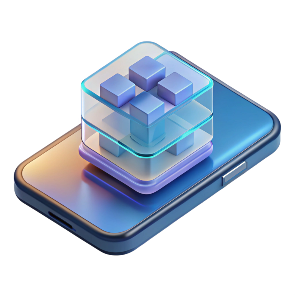 standout elegant A transparent smartphone displaying a complex 3D model, soft, ambient lighting, minimalist style ultra HD png