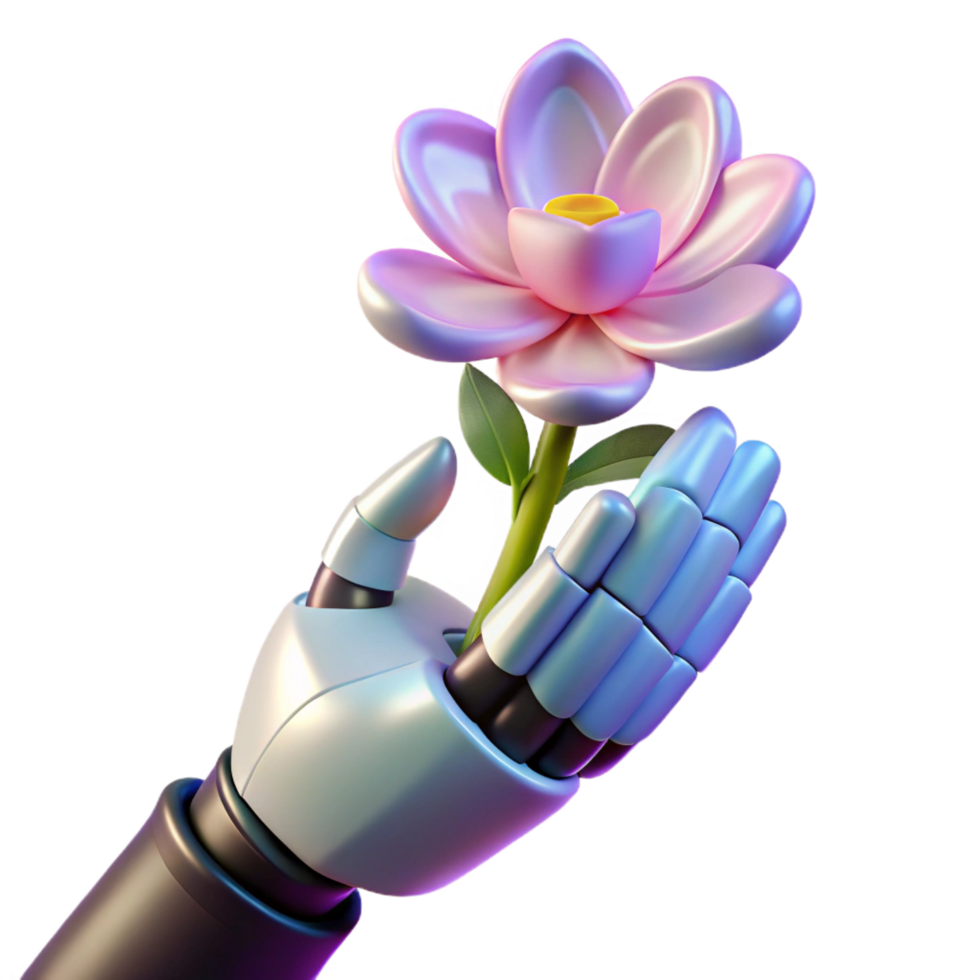 distinctive baroque A robotic hand holding a delicate flower, soft, natural lighting, surreal style high quality png