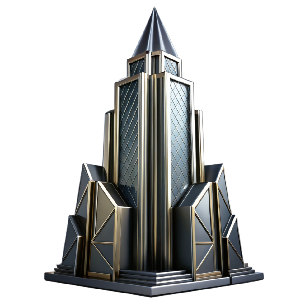 splendid traditional Art Deco skyscraper, chrome and black glass, sharp angles, volumetric lighting, cinematic, perfect clarity png