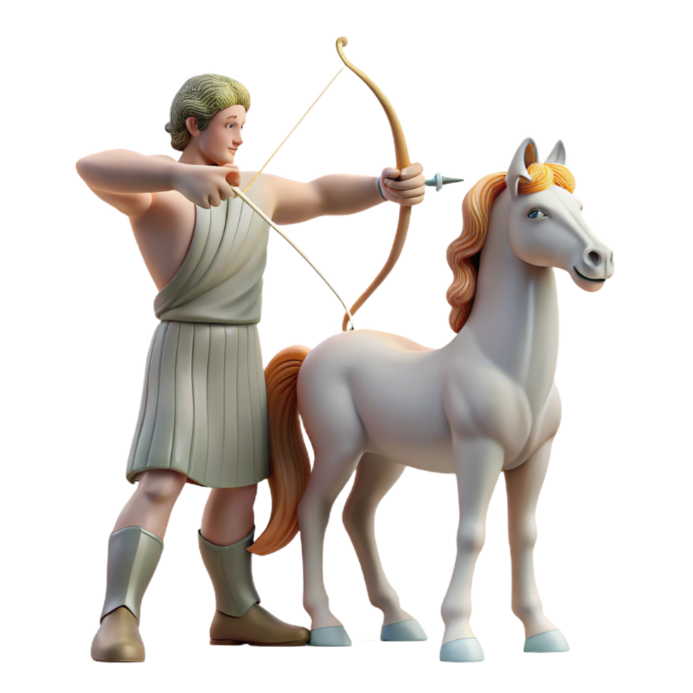 magnificent retro A wise centaur teaching archery to a young human, soft sunlight filtering through the trees, classical Greek sculpture style sharp png