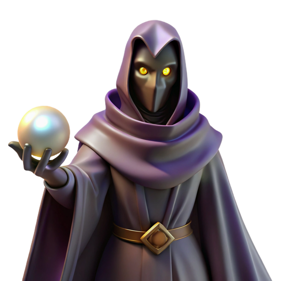 majestic coastal Portrait of a mysterious masked figure in a long cloak, holding a glowing orb. Dark, dramatic lighting. Fantasy art style high quality png