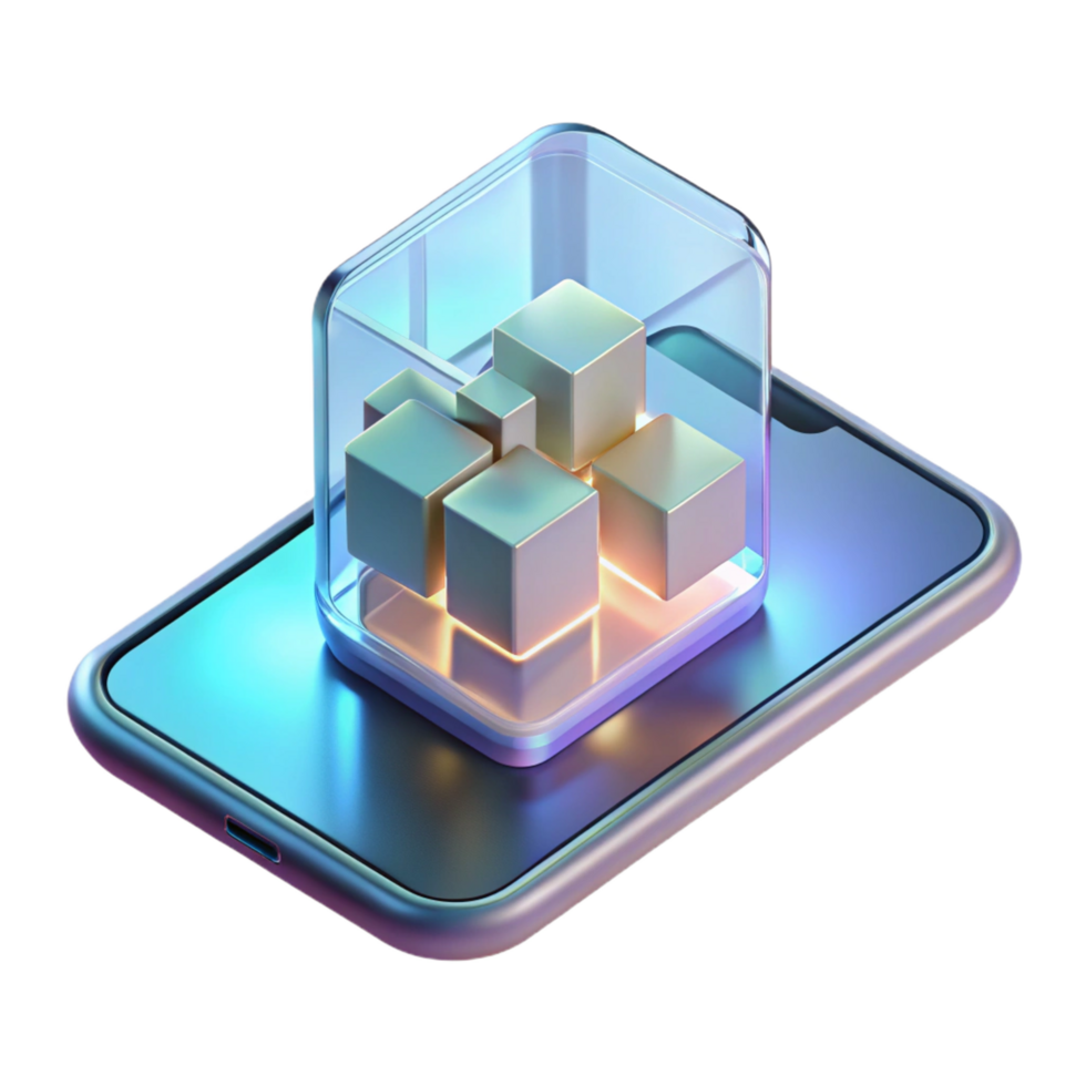 radiant futuristic A transparent smartphone displaying a complex 3D model, soft, ambient lighting, minimalist style ultra HD png