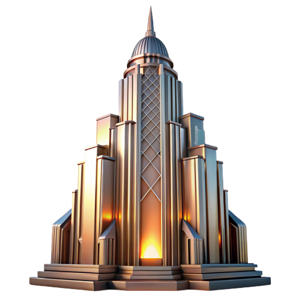 splendid dramatic bohemian Art Deco skyscraper, chrome and glass, sharp lines, sunset lighting, volumetric lighting, ray tracing, highly detailed, intricate, Art Deco style handcrafted png