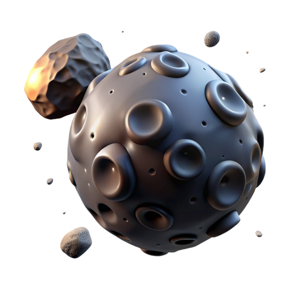 exquisite organic A solitary space probe drifting through a field of asteroids, its surface pitted and scarred, illuminated by the cold light of a distant star. Photorealistic, dark and moody 8K png