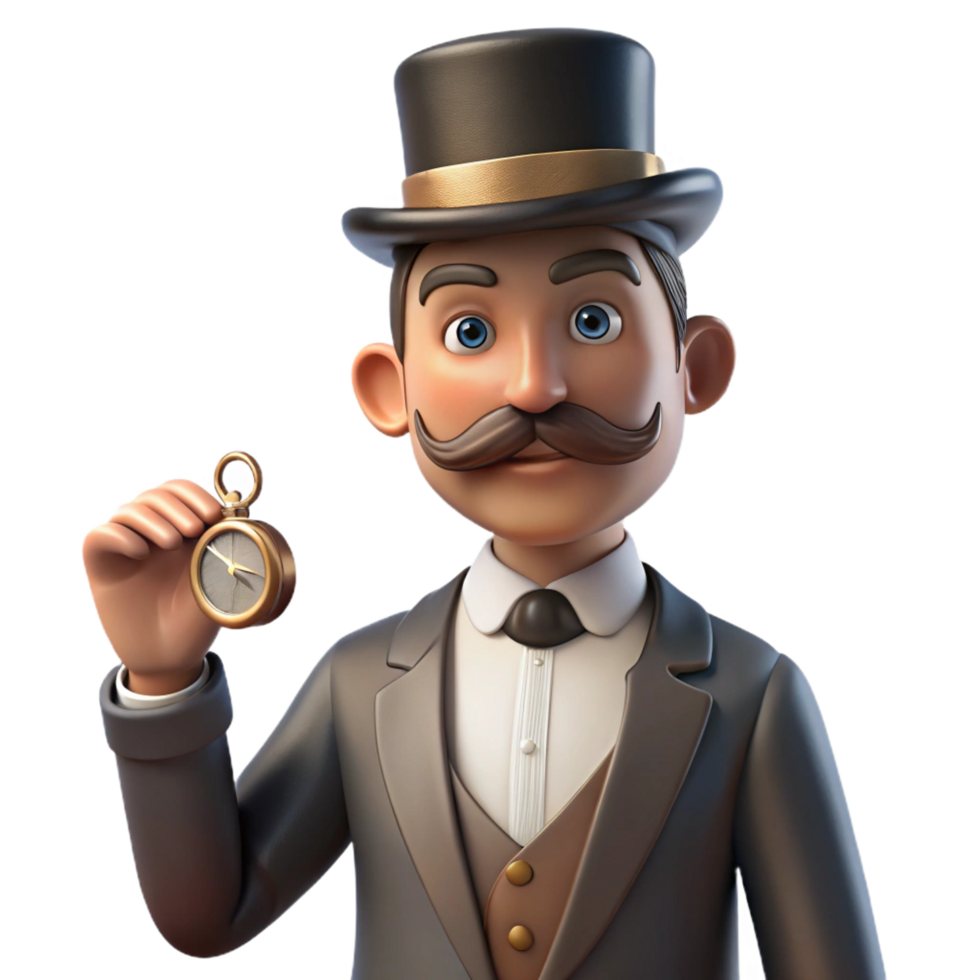 breathtaking dynamic modern Portrait of a Victorian gentleman with a handlebar mustache, monocle, and top hat, holding a pocket watch. Soft, diffused natural lighting. Academic painting style flawless png
