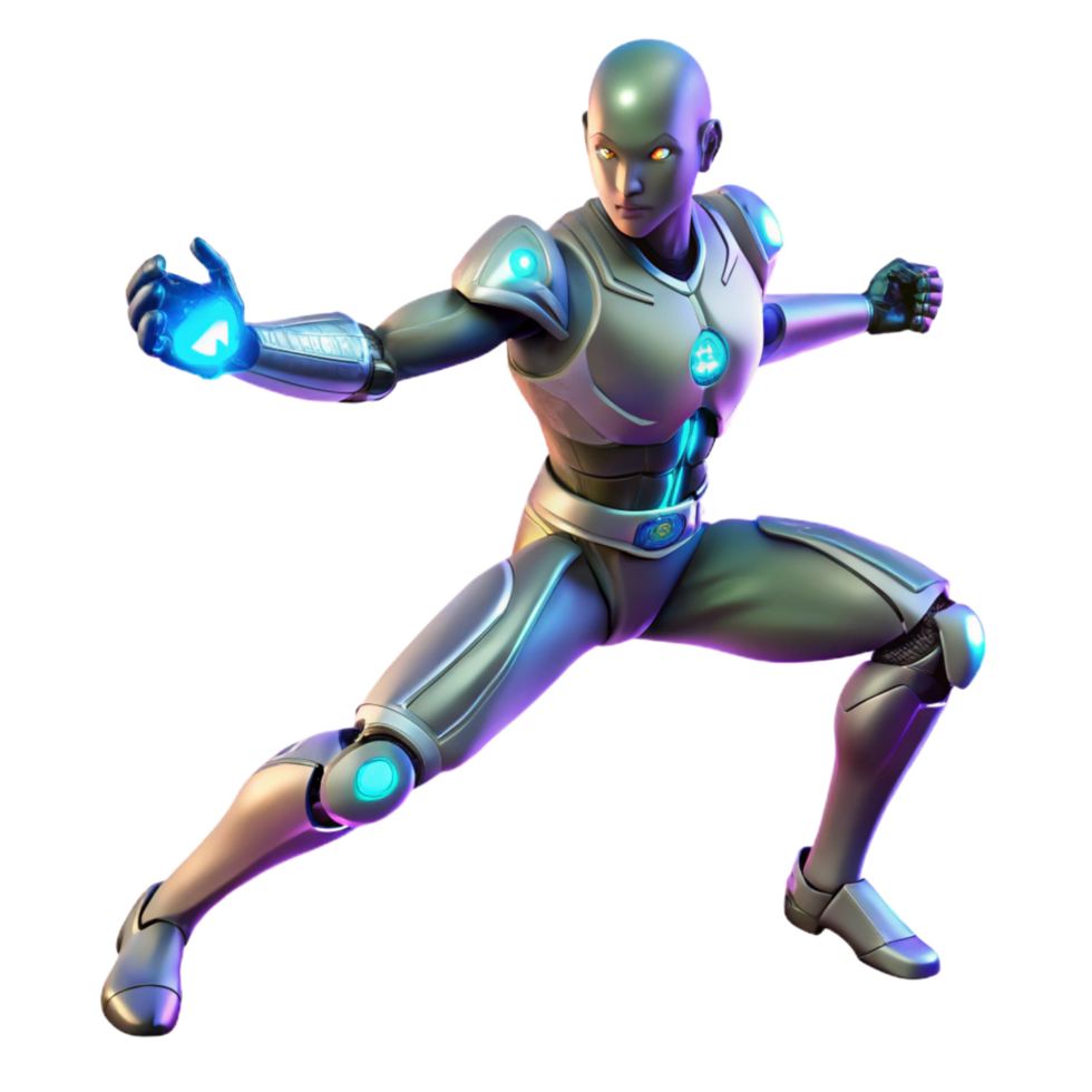 coveted traditional A cybernetically enhanced human with glowing implants and augmented limbs performs a complex martial arts move. Dynamic, spotlight lighting. Cyberpunk style artisan png