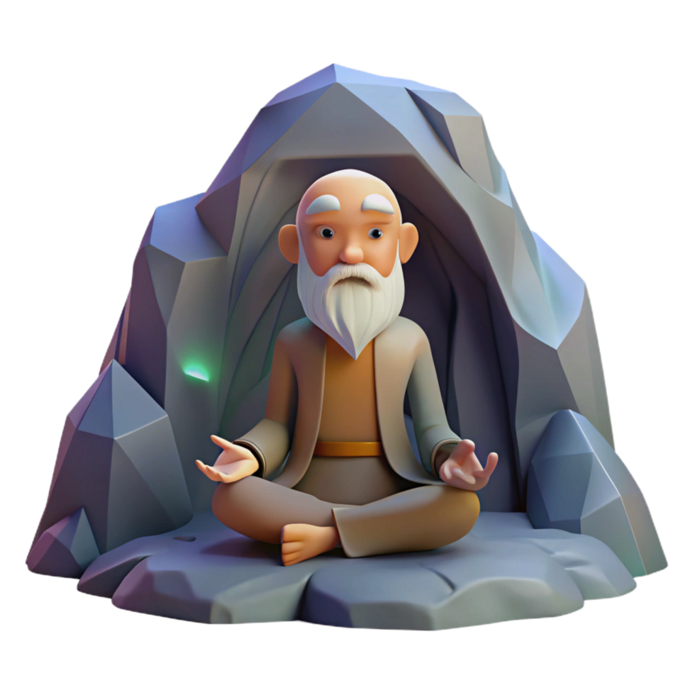 mysterious immaculate A wise old hermit meditating in a mountain cave, soft light, spiritual style original png