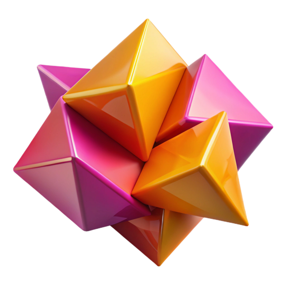 dreamy captivating Fractured geometric shapes in vibrant magenta, orange, and yellow, casting long, sharp shadows under a strong directional light. Cubist style perfect clarity png