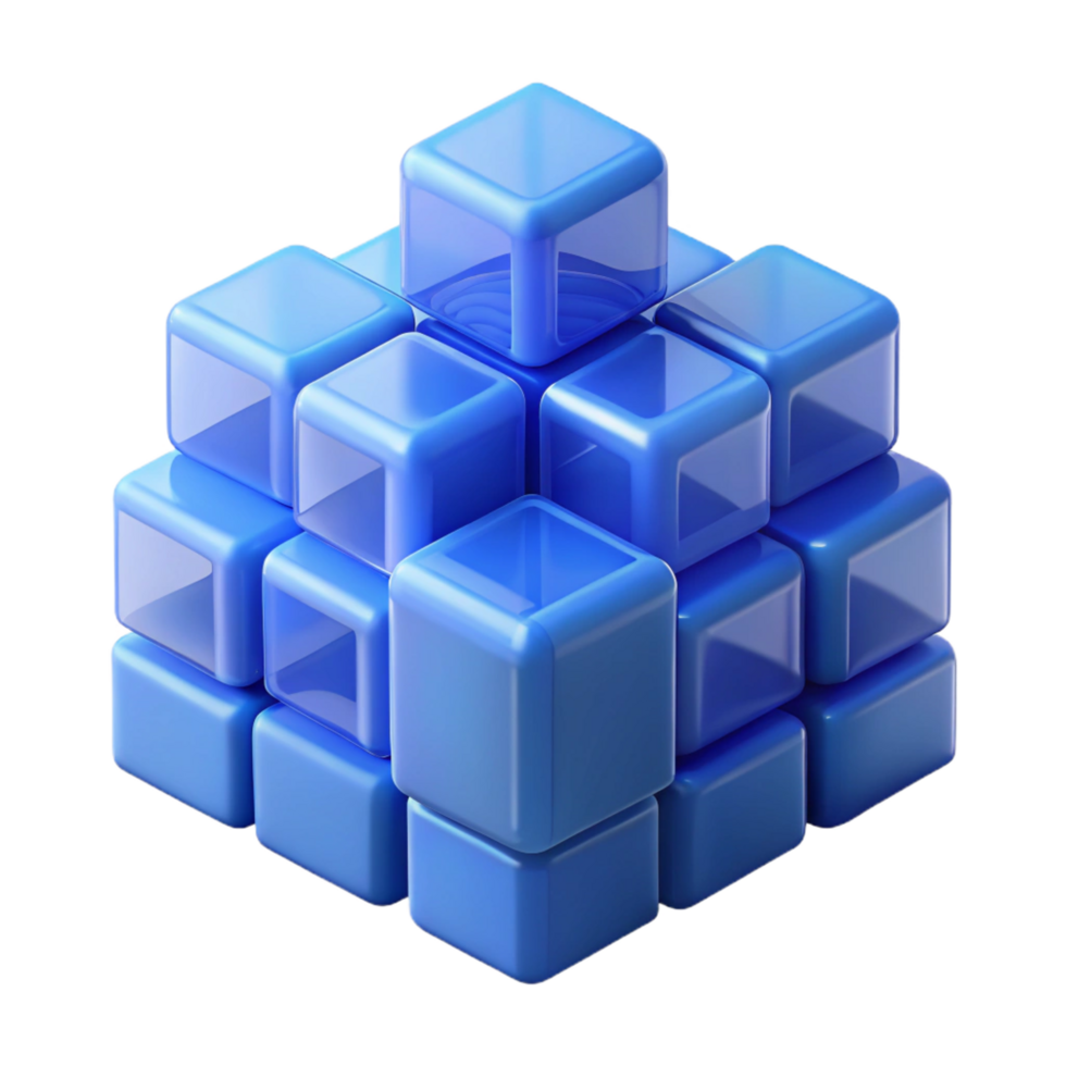 whimsical dazzling A field of translucent cubes in varying sizes and shades of blue, overlapping and interacting, soft diffused lighting, Minimalist style perfect clarity png