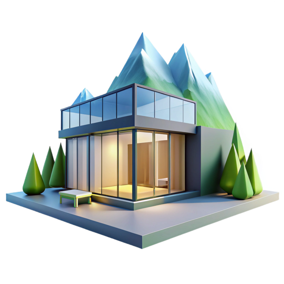 captivating standout Modern minimalist house with floor to ceiling windows, overlooking a mountain range, bright natural light, png