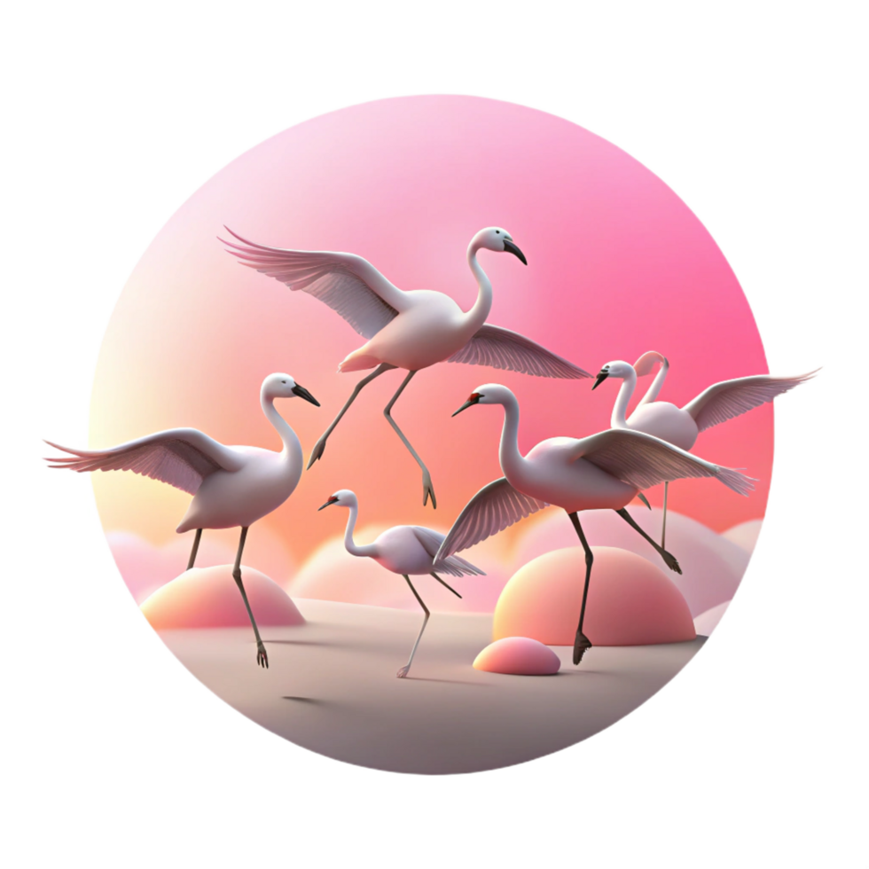 distinguished tropical A flock of flamingos taking flight against a pastel sunset, silhouetted figures, in a minimalist style high quality png