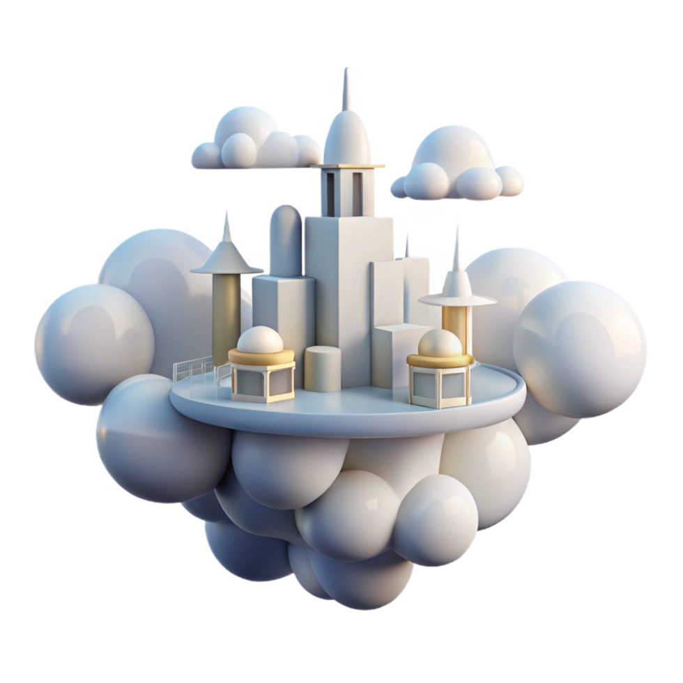 mesmerizing modern Cloud city, floating structures, soft white light, ethereal, dreamlike style handcrafted png