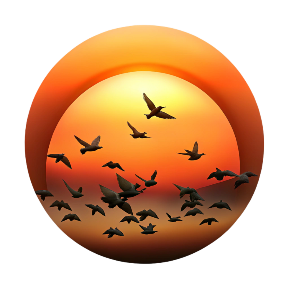 gorgeous peaceful bohemian A flock of birds silhouetted against a fiery sunset, dramatic lighting, minimalist style studio quality png