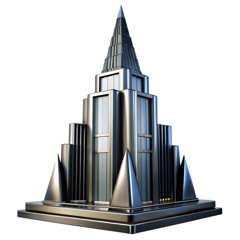 spectacular rare Art Deco skyscraper, chrome and black glass, sharp lines, volumetric lighting, high contrast, stylized, png