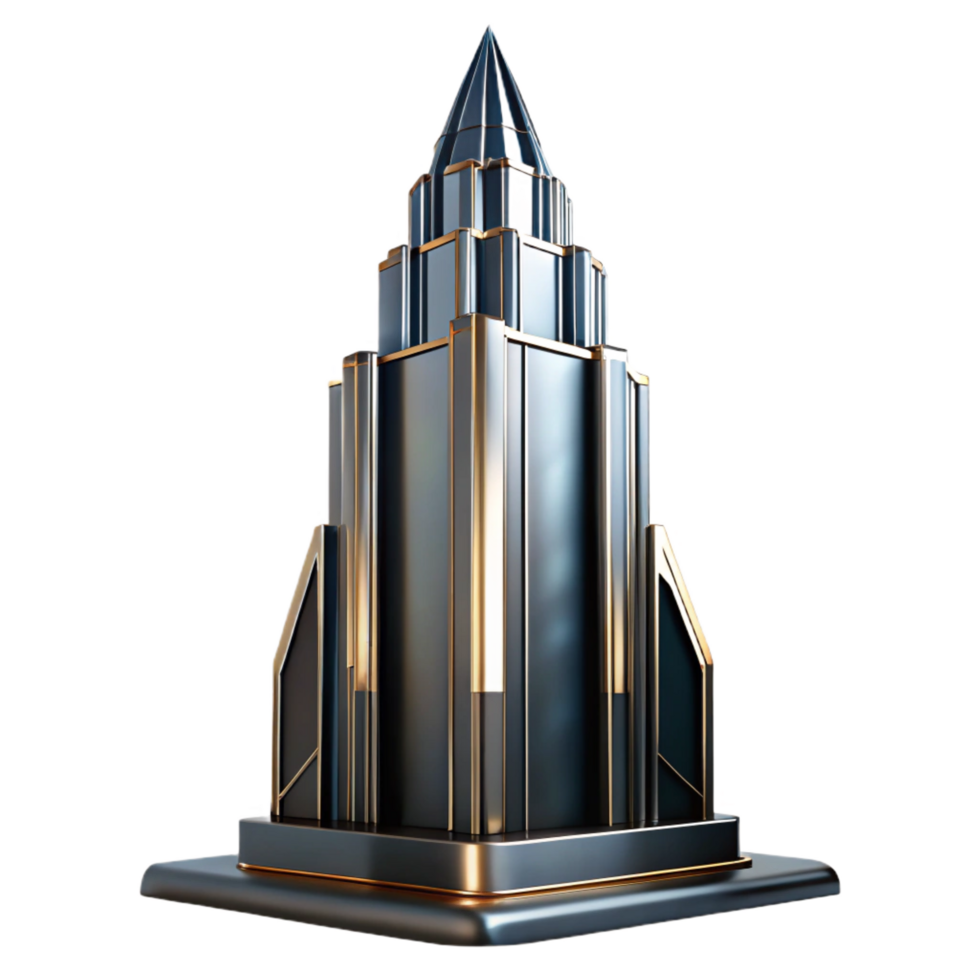 breathtaking standout Art Deco skyscraper, chrome and black glass, sharp lines, volumetric lighting, high contrast, stylized, png