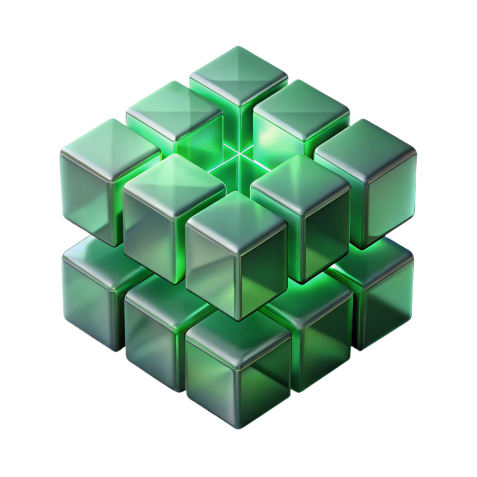 mysterious beautiful A cluster of translucent cubes, overlapping and intersecting, illuminated by a cool, green light. Minimalist style fine detail png