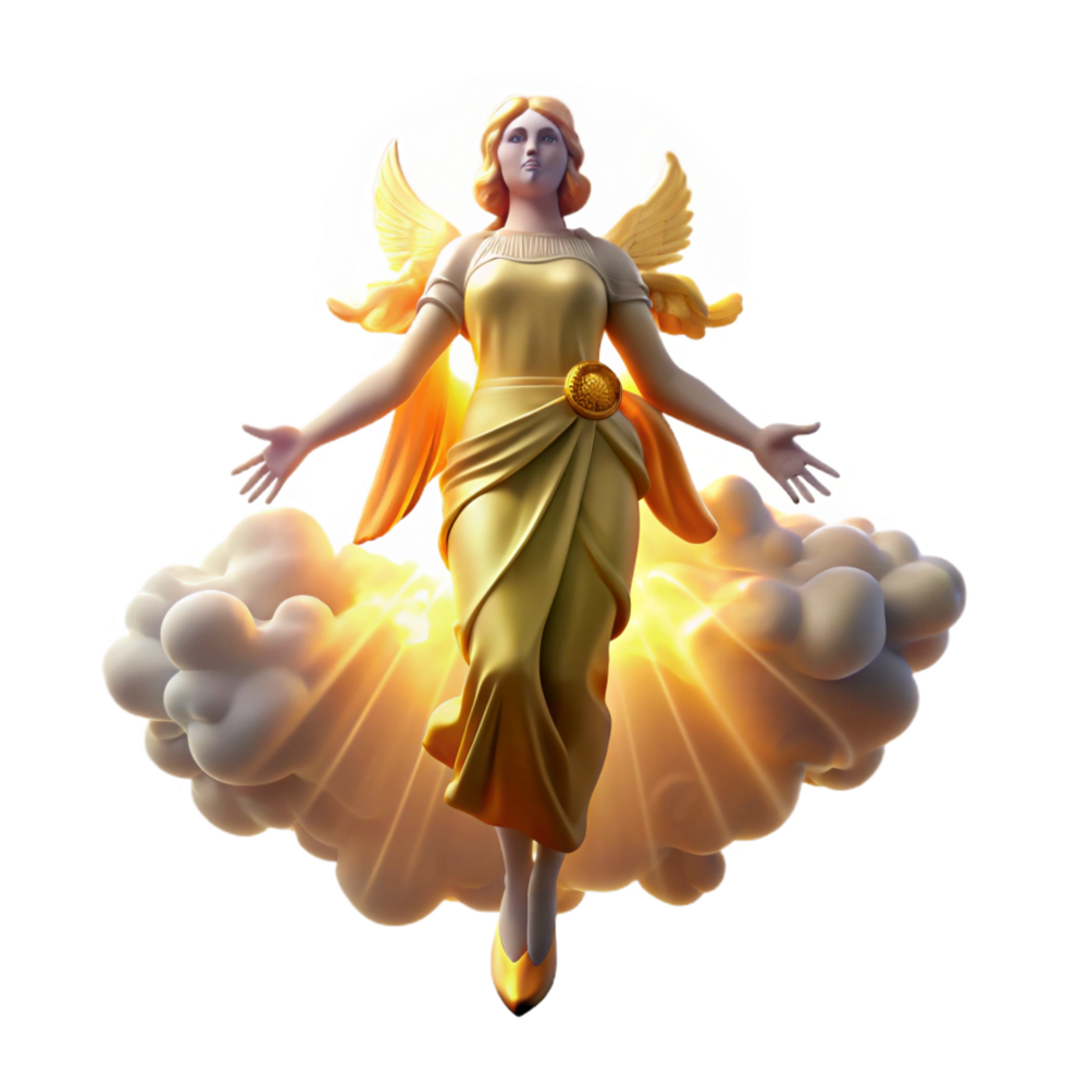 exquisite nostalgic futuristic A graceful celestial being descending from the heavens, bathed in golden light. Divine, ethereal lighting, Renaissance style museum quality png