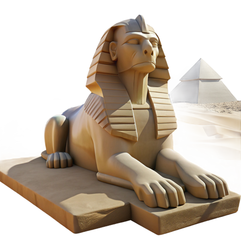 breathtaking joyful creative A stoic sphinx gazing out over a vast desert landscape, bathed in the harsh midday sun, photorealistic style premium png