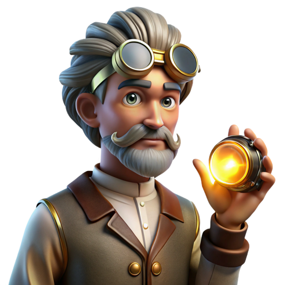 picturesque artistic A portrait of a steampunk inventor, intricate goggles, holding a glowing orb, Rembrandt lighting, realistic style top tier png