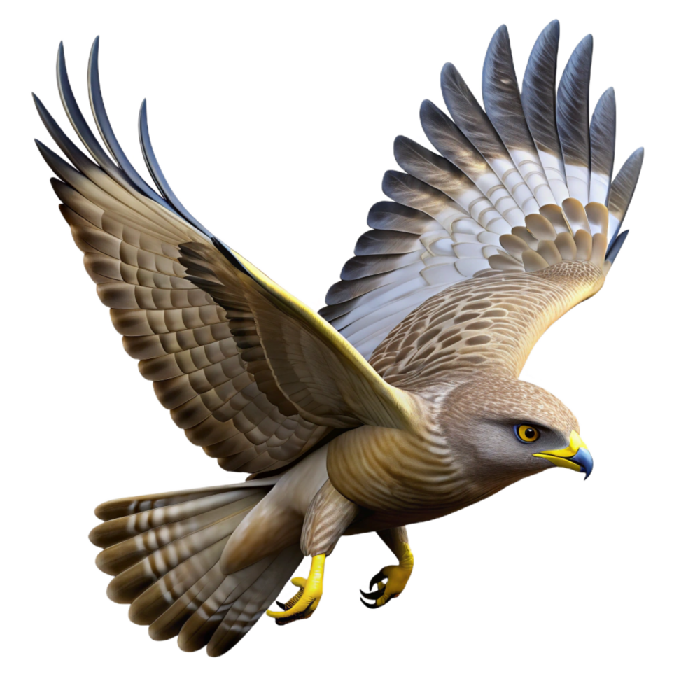 dynamic sumptuous A soaring hawk circling in the sky, clear blue sky and bright sunlight, rendered in a dynamic, realistic style detailed png