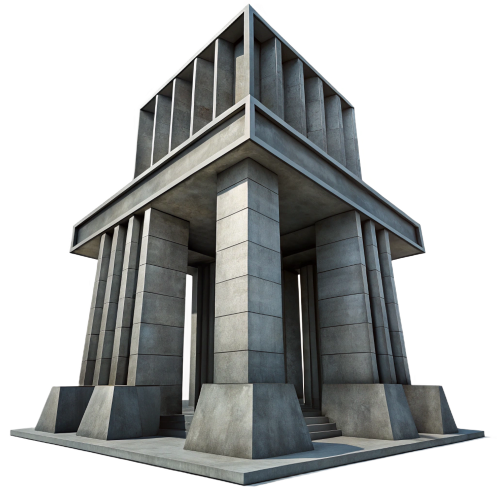 fascinating remarkable A towering, Brutalist concrete structure, harsh shadows, stark and imposing style, black and white photography png