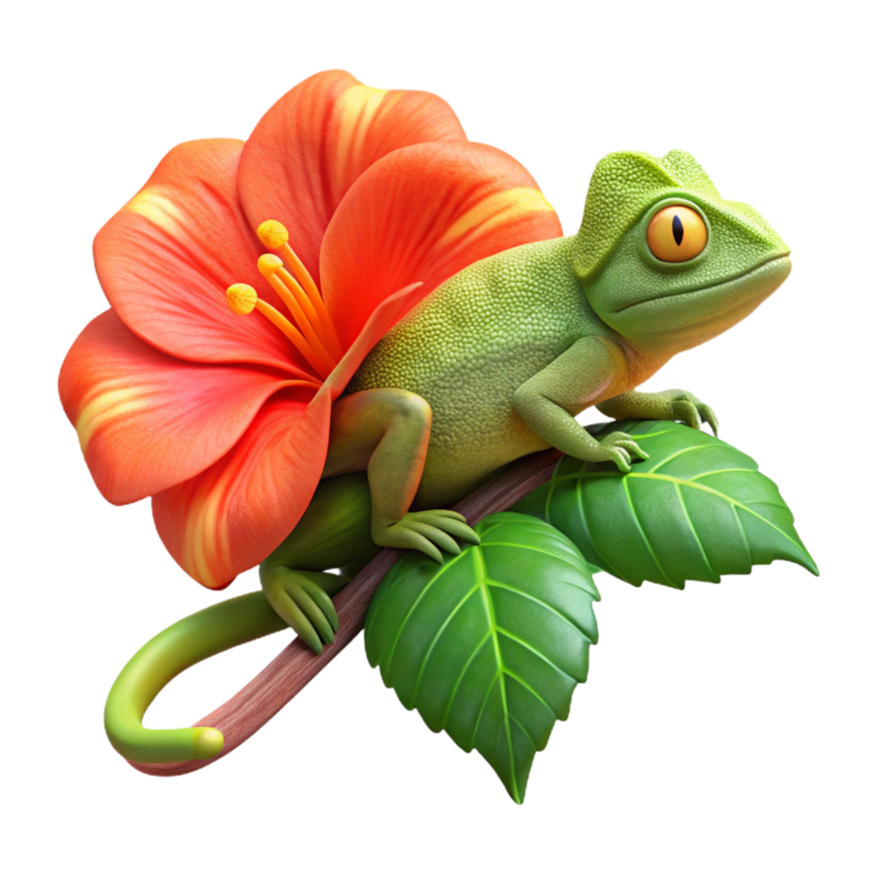 unforgettable traditional A chameleon perched on a branch of a flowering hibiscus, its skin displaying vibrant shades of orange and green, captured in a nature documentary style professional png