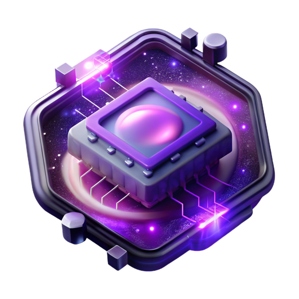 serene organic A single, glowing circuit board floating in space, surrounded by swirling nebulae, illuminated by a cosmic, purple light, space opera style original png
