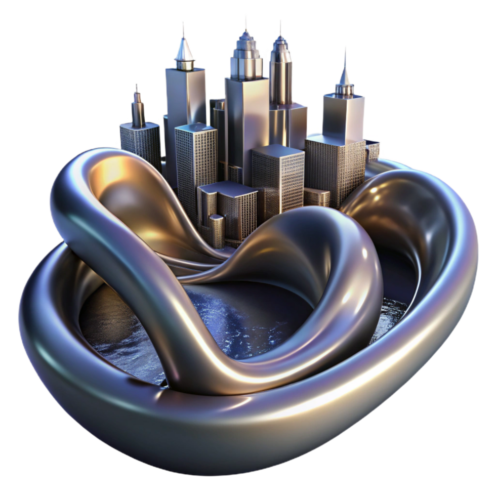 radiant playful renaissance Flowing ribbons of liquid mercury, reflecting a distorted cityscape at night, surrealist style authentic png