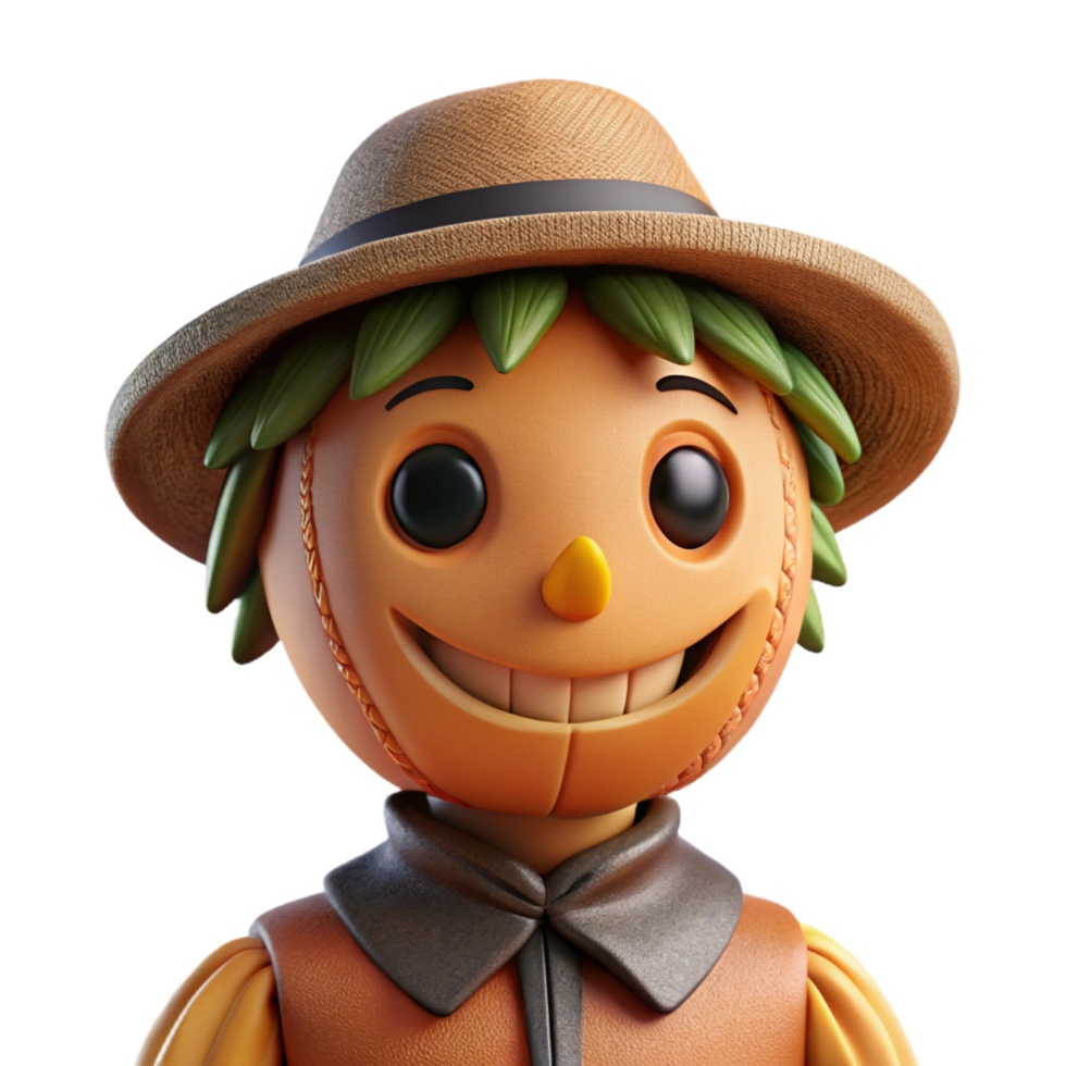 splendid futuristic Portrait of a whimsical scarecrow with a stitched smile, autumnal lighting, folk art style crisp png