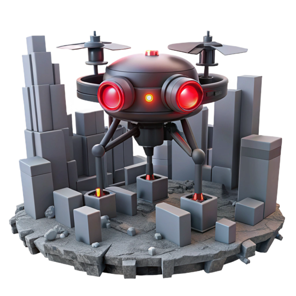 ethereal spectacular A lone, robotic drone, with glowing red eyes, patrols the desolate ruins of a futuristic city. Dystopian style masterfully captured png