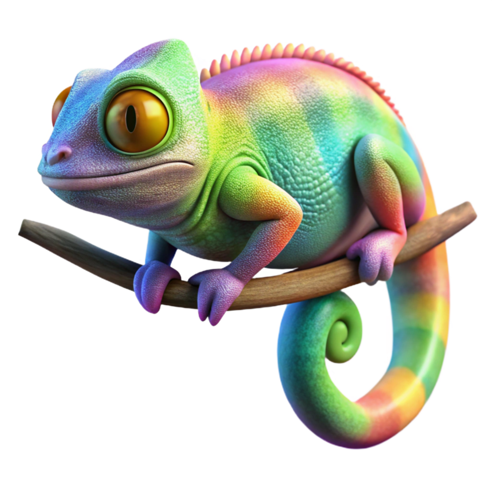 exceptional organic A chameleon perched on a branch, its skin displaying vibrant rainbow hues, macro photography, vibrant colors ultra HD png