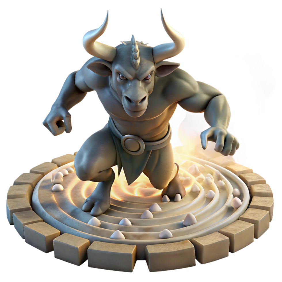 dramatic traditional A powerful minotaur charging through a labyrinth, dust motes dancing in the shafts of light from above, dark fantasy style flawless png