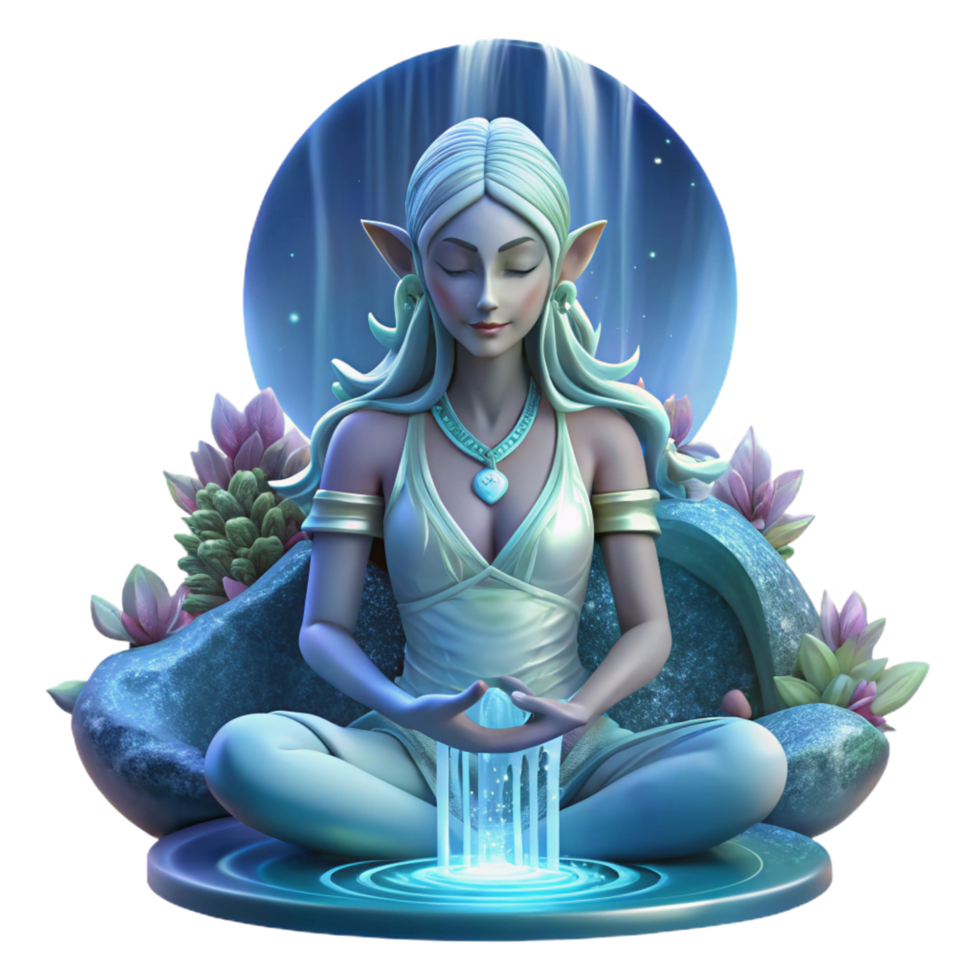 acclaimed baroque A beautiful elf with intricate floral tattoos meditating beneath a cascading waterfall of moonlight, ethereal, glowing lighting, Art Nouveau style perfect clarity png