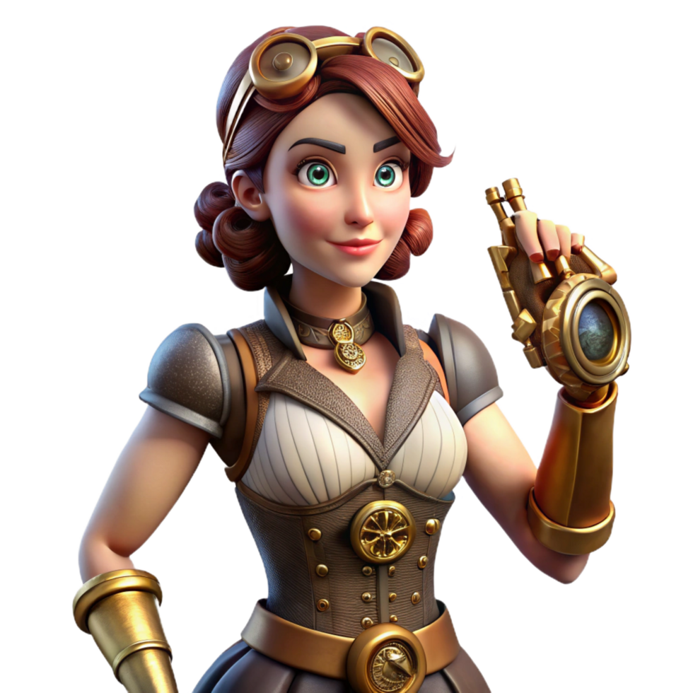 immaculate harmonious renaissance A portrait of a steampunk woman with intricate clockwork prosthetic arm, wearing a velvet and brass corset, soft, diffused lighting, art deco style handcrafted png