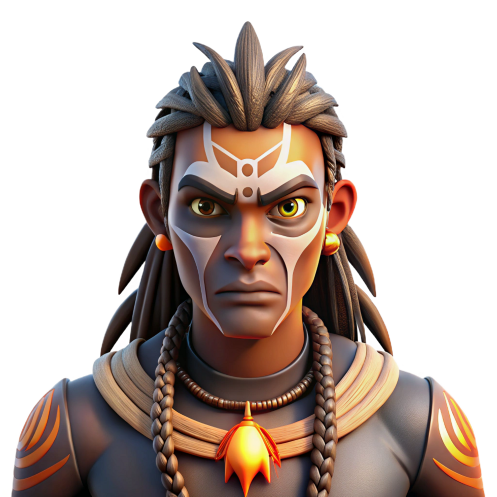 mesmerizing calm abstract Portrait of a tribal warrior adorned with intricate face paint and bone jewelry, their expression fierce and determined, lit by flickering firelight authentic png