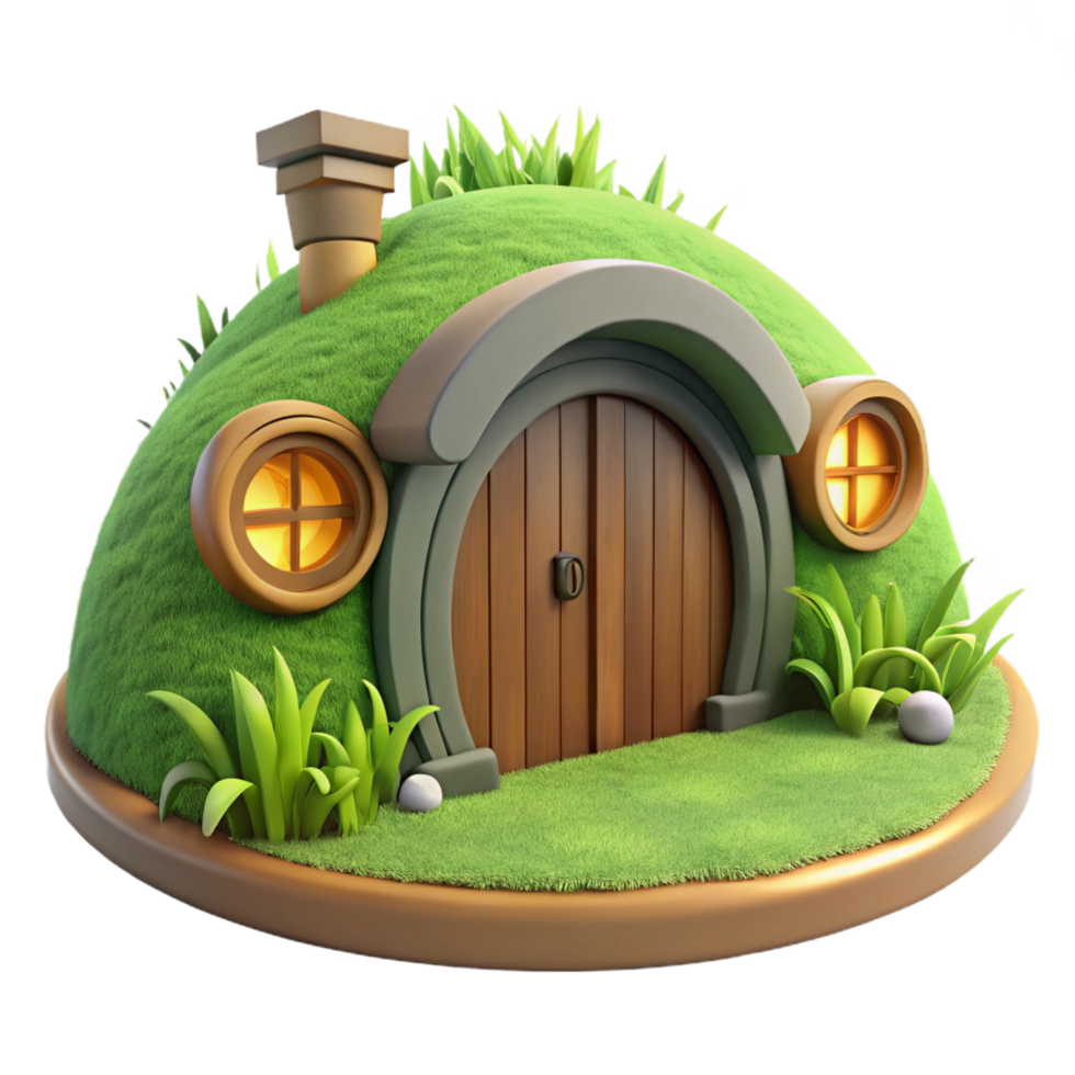 radiant signature A hobbit hole built into a hillside, round wooden door, lush green grass, idyllic atmosphere, fantasy style, png
