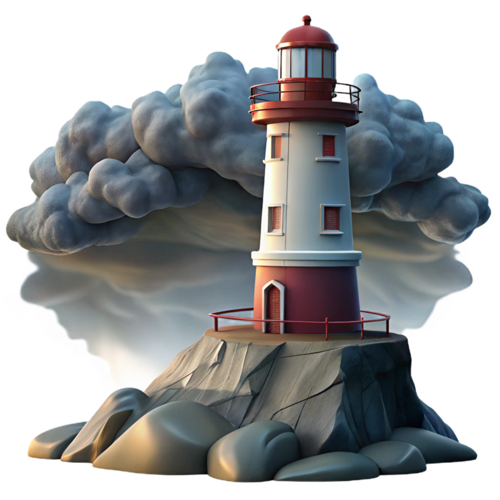 mysterious spectacular A solitary lighthouse perched on a rocky cliff, dramatic storm clouds, dramatic and moody lighting, realistic painting style handcrafted png