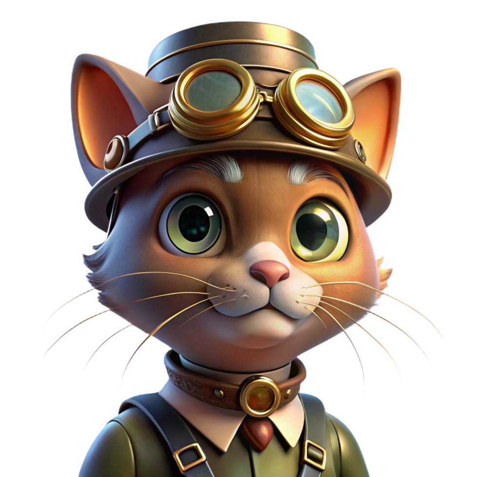 mesmerizing playful traditional A portrait of a steampunk cat wearing goggles and a tiny top hat, with gears and springs embedded in its fur, lit by a soft, warm lamplight gallery standard png